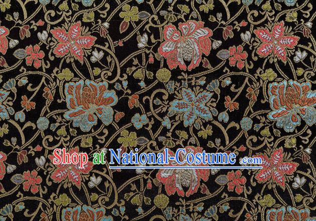 Chinese Classical Twine Lotus Pattern Design Black Brocade Fabric Asian Traditional Hanfu Satin Material