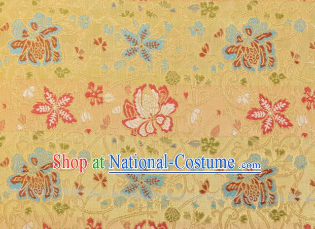 Chinese Classical Twine Lotus Pattern Design Yellow Brocade Fabric Asian Traditional Hanfu Satin Material