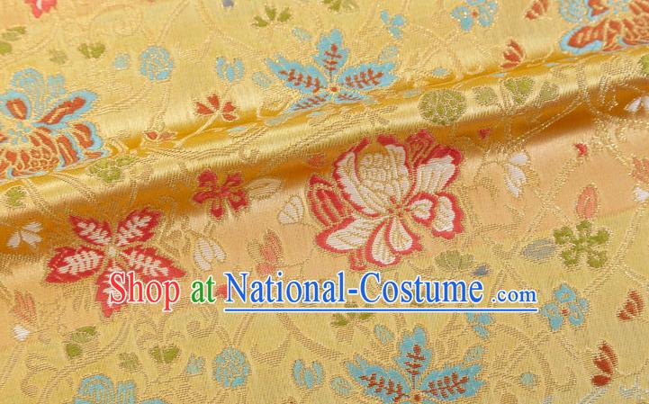 Chinese Classical Twine Lotus Pattern Design Yellow Brocade Fabric Asian Traditional Hanfu Satin Material