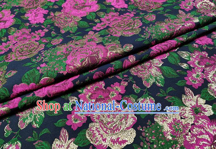 Chinese Classical Roses Pattern Design Navy Brocade Fabric Asian Traditional Hanfu Satin Material