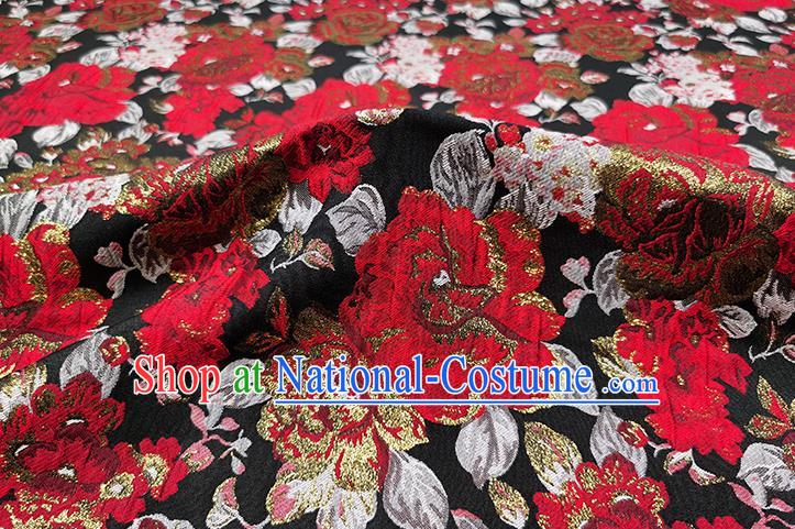 Chinese Classical Roses Pattern Design Black Brocade Fabric Asian Traditional Hanfu Satin Material