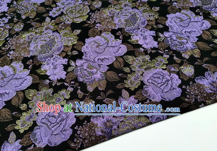 Chinese Classical Purple Roses Pattern Design Green Brocade Fabric Asian Traditional Hanfu Satin Material