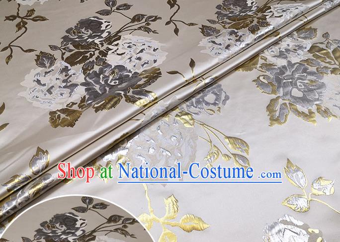 Chinese Classical Roses Pattern Design Grey Brocade Fabric Asian Traditional Hanfu Satin Material