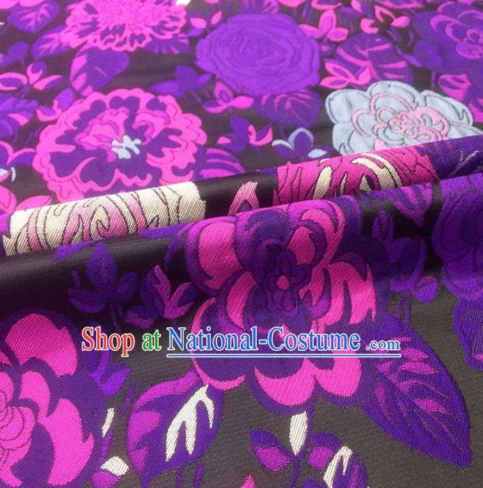 Chinese Classical Hibiscus Pattern Design Black Brocade Fabric Asian Traditional Hanfu Satin Material