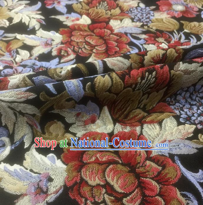 Chinese Classical Peony Flowers Pattern Design Black Brocade Fabric Asian Traditional Hanfu Satin Material