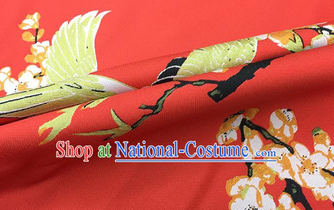 Chinese Classical Crane Plum Pattern Design Red Brocade Fabric Asian Traditional Hanfu Satin Material