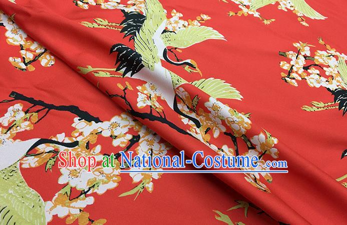 Chinese Classical Crane Plum Pattern Design Red Brocade Fabric Asian Traditional Hanfu Satin Material