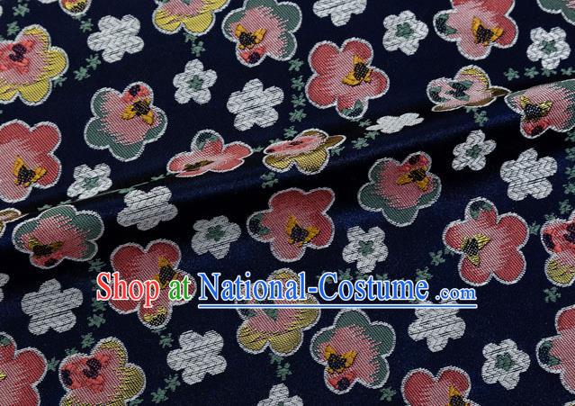 Japanese Traditional Oriental Cherry Pattern Design Navy Brocade Fabric Asian Kimono Tapestry Satin