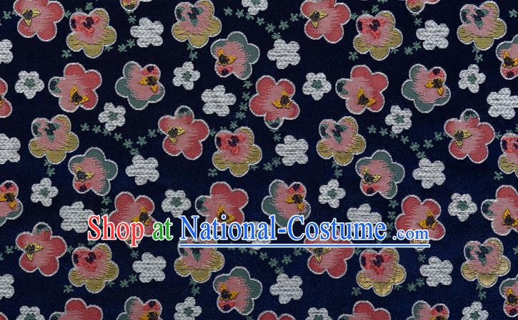 Japanese Traditional Oriental Cherry Pattern Design Navy Brocade Fabric Asian Kimono Tapestry Satin