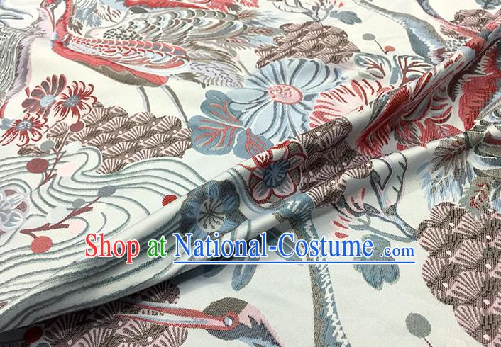 Chinese Classical Crane Pattern Design Light Grey Brocade Fabric Asian Traditional Hanfu Satin Material