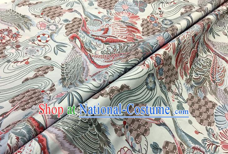 Chinese Classical Crane Pattern Design Light Grey Brocade Fabric Asian Traditional Hanfu Satin Material