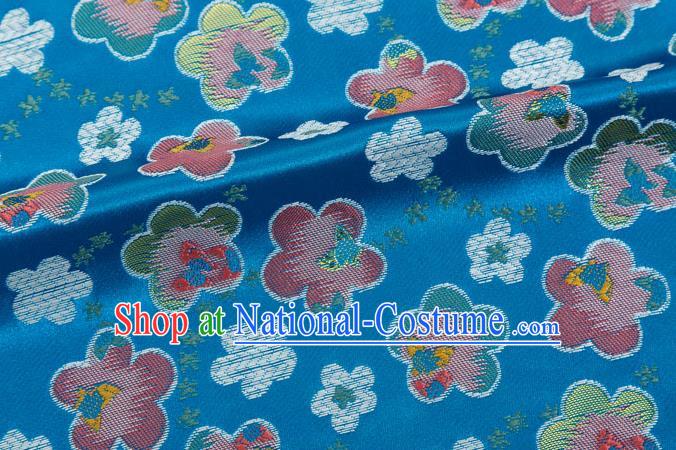 Japanese Traditional Oriental Cherry Pattern Design Blue Brocade Fabric Asian Kimono Tapestry Satin