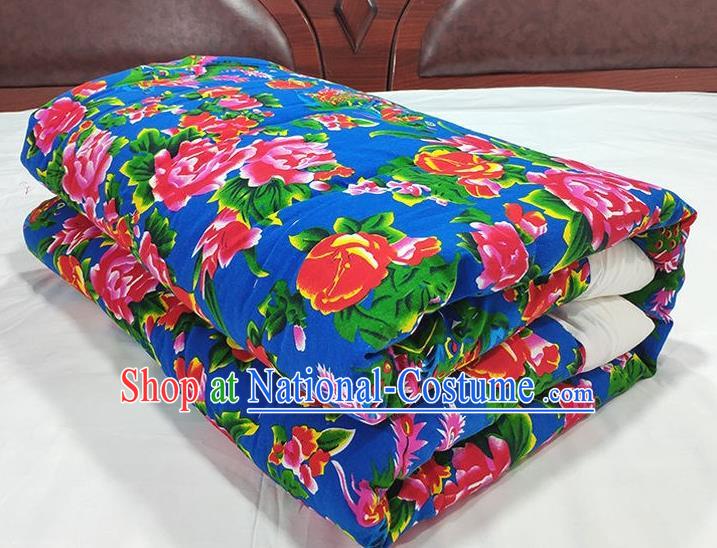 Chinese Traditional Peony Pattern Blue Quilt Cover Wedding Bedclothes