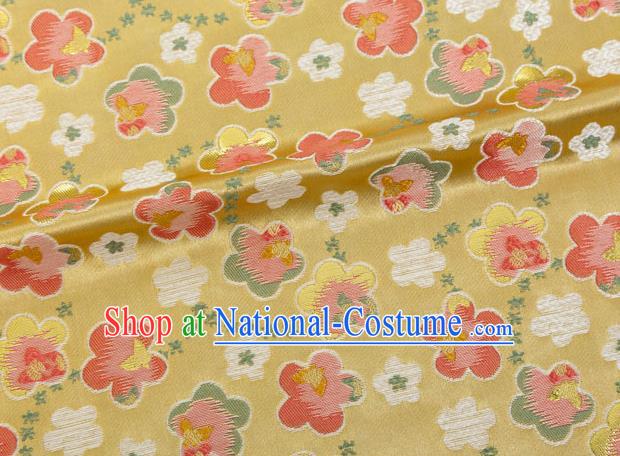 Japanese Traditional Oriental Cherry Pattern Design Yellow Brocade Fabric Asian Kimono Tapestry Satin