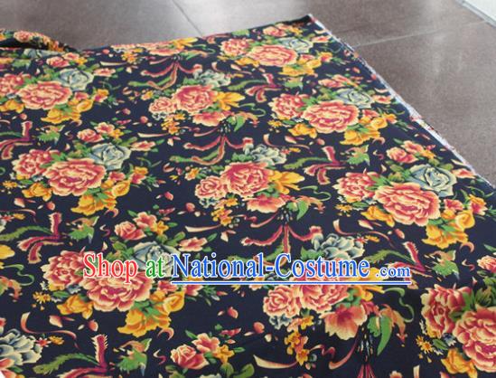 Chinese Classical Phoenix Peony Pattern Design Navy Fabric Asian Traditional Hanfu Cloth Material