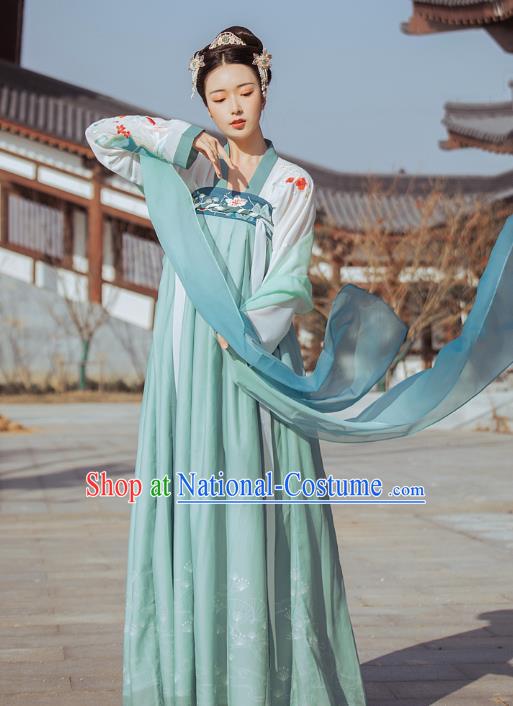 Traditional Chinese Tang Dynasty Historical Costumes Ancient Royal Princess Green Hanfu Dress for Women