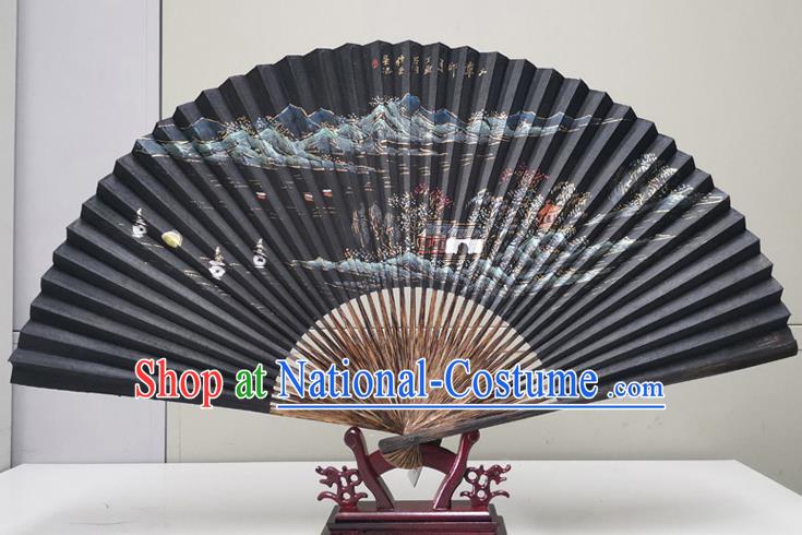 Traditional Chinese Printing West Lake Scenery Black Paper Folding Fan China Bamboo Fan Oriental Fan