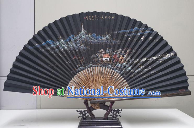 Traditional Chinese Printing Autumn Scenery Black Paper Folding Fan China Bamboo Fan Oriental Fan