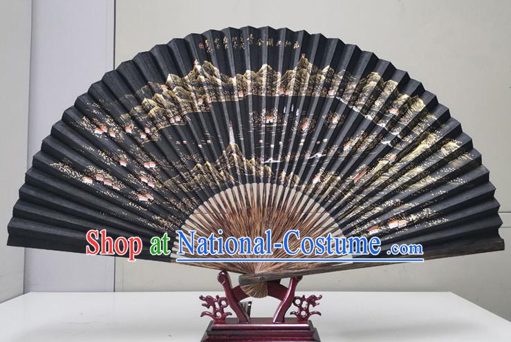 Traditional Chinese Printing West Lake Black Paper Folding Fan China Bamboo Fan Oriental Fan