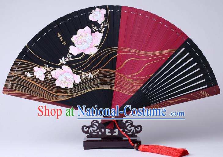 Traditional Chinese Printing Flowers Black Folding Fan China Bamboo Fan Oriental Fan