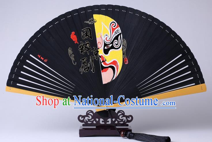 Traditional Chinese Printing Facial Makeup Black Folding Fan China Bamboo Fan Oriental Fan