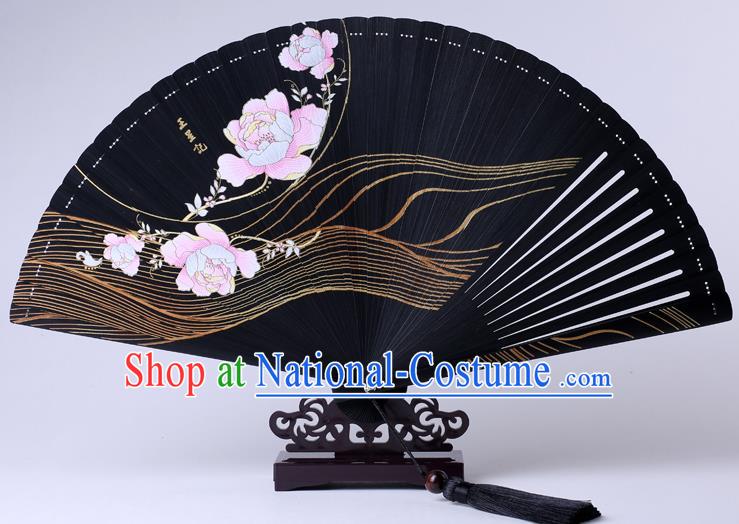 Traditional Chinese Printing Peony Flowers Black Folding Fan China Bamboo Fan Oriental Fan