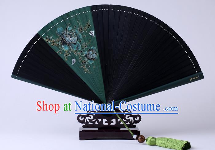 Traditional Chinese Printing Flowers Deep Green Folding Fan China Bamboo Fan Oriental Fan