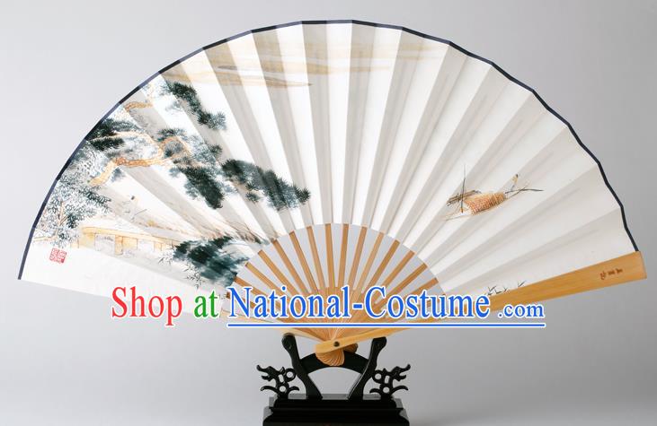 Traditional Chinese Handmade Ink Painting Pineburst Paper Folding Fan China Bamboo Fan Oriental Fan