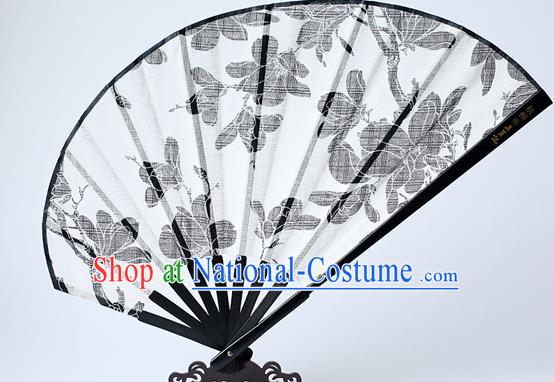 Traditional Chinese Handmade Printing Yulan Magnolia White Silk Folding Fan China Bamboo Fan Oriental Fan