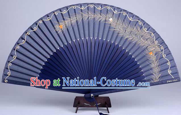 Traditional Chinese Handmade Printing Phoenix Tail Blue Silk Folding Fan China Bamboo Fan Oriental Fan