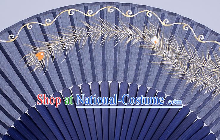 Traditional Chinese Handmade Printing Phoenix Tail Blue Silk Folding Fan China Bamboo Fan Oriental Fan