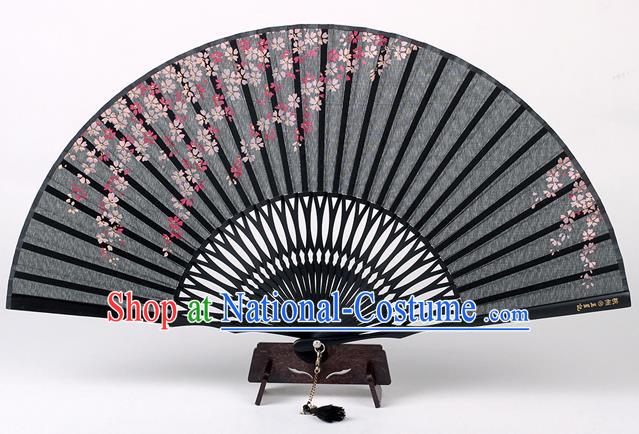 Traditional Chinese Handmade Printing Sakura Black Silk Folding Fan China Accordion Fan Oriental Fan