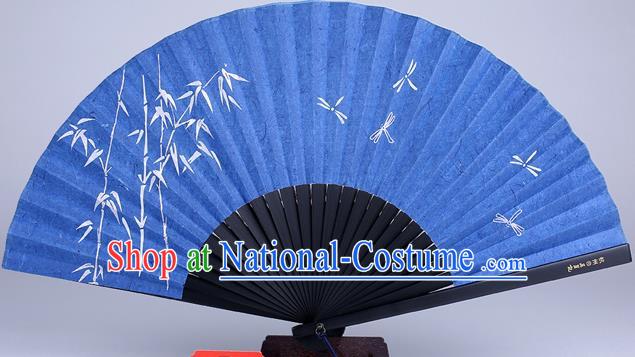 Traditional Chinese Handmade Printing Bamboo Dragonfly Blue Silk Folding Fan China Accordion Fan Oriental Fan