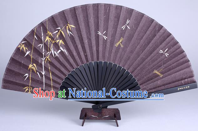 Traditional Chinese Handmade Printing Bamboo Dragonfly Purple Silk Folding Fan China Accordion Fan Oriental Fan