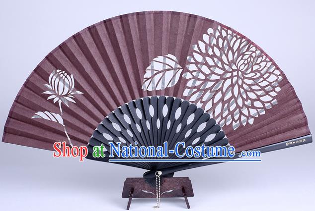 Traditional Chinese Handmade Printing Chrysanthemum Purplish Red Silk Folding Fan China Accordion Fan Oriental Fan