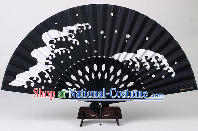 Traditional Chinese Handmade Printing Wave Black Silk Folding Fan China Accordion Fan Oriental Fan