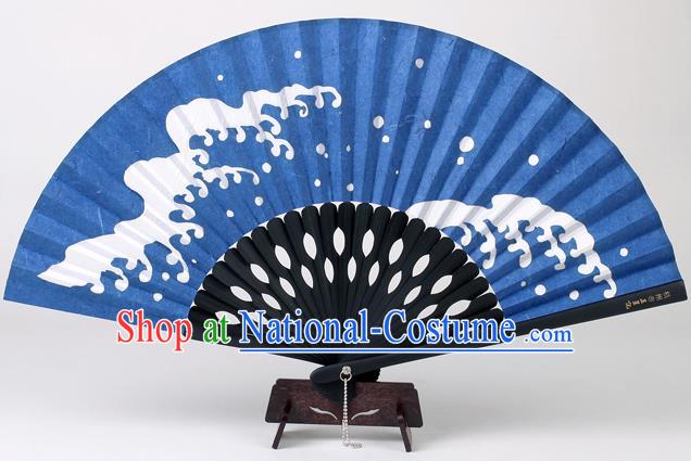 Traditional Chinese Handmade Printing Wave Blue Silk Folding Fan China Accordion Fan Oriental Fan