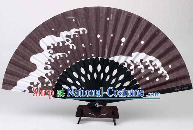 Traditional Chinese Handmade Printing Wave Brown Silk Folding Fan China Accordion Fan Oriental Fan