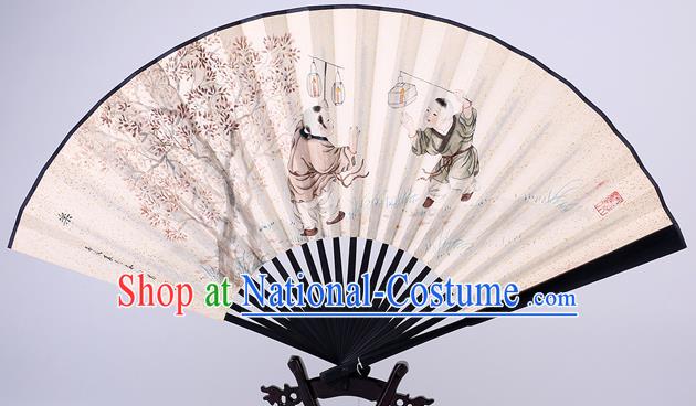 Traditional Chinese Handmade Printing Boys Paper Folding Fan China Wenge Accordion Fan Oriental Fan