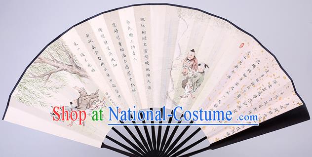 Traditional Chinese Handmade Printing Playing Boys Paper Folding Fan China Wenge Accordion Fan Oriental Fan