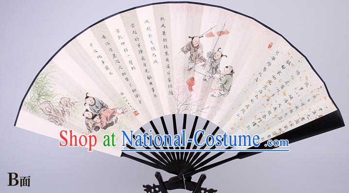 Traditional Chinese Handmade Playing Boys Paper Folding Fan China Wenge Accordion Fan Oriental Fan