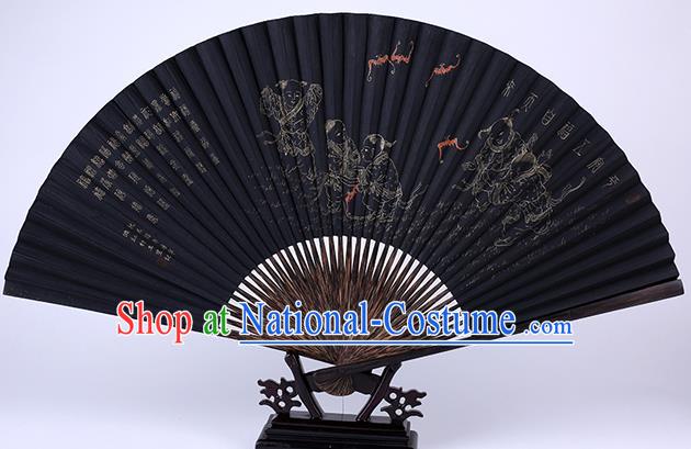 Traditional Chinese Handmade Printing Boys Black Paper Folding Fan China Bamboo Accordion Fan Oriental Fan