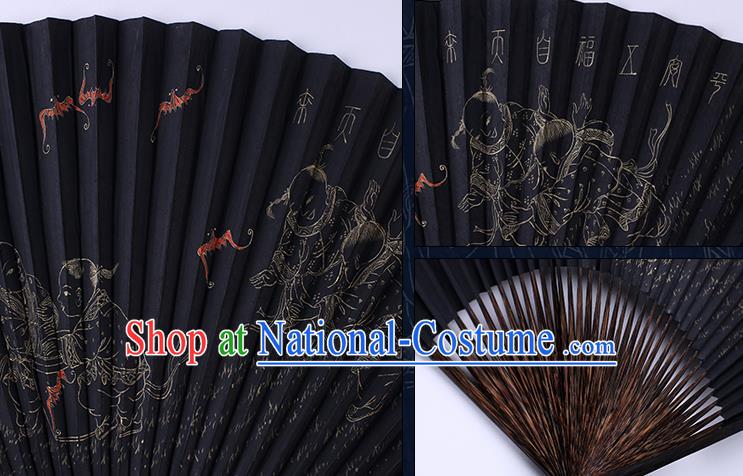 Traditional Chinese Handmade Printing Boys Black Paper Folding Fan China Bamboo Accordion Fan Oriental Fan