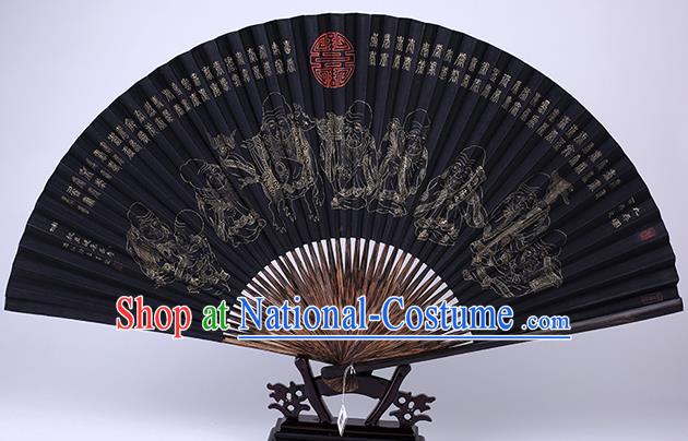 Traditional Chinese Handmade Printing Longevity Immortal Black Paper Folding Fan China Bamboo Accordion Fan Oriental Fan