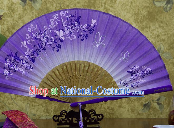 Traditional Chinese Printing Vine Flowers Purple Flax Fan China Bamboo Accordion Folding Fan Oriental Fan