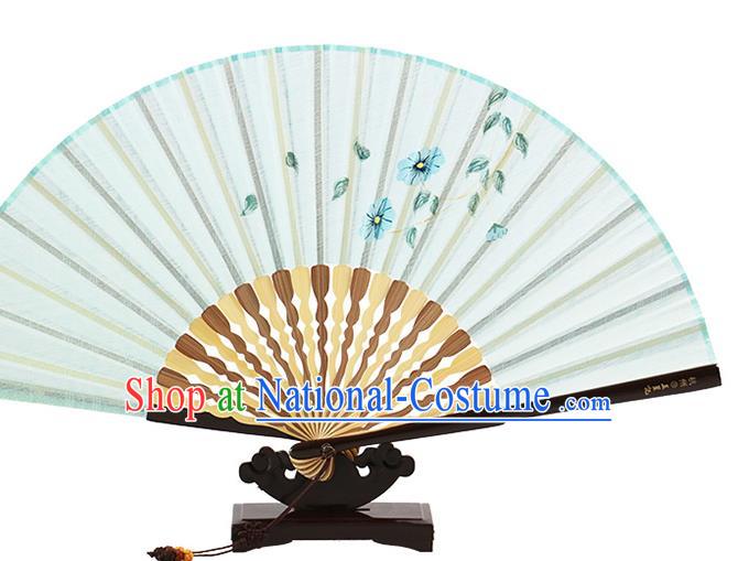 Traditional Chinese Printing Flowers Light Green Flax Fan China Bamboo Accordion Folding Fan Oriental Fan