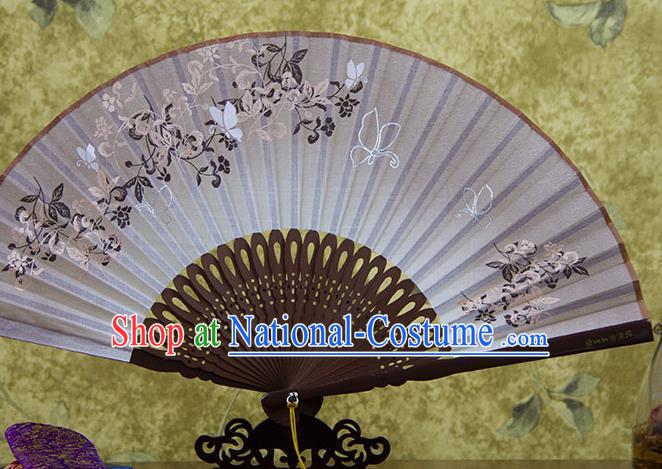 Traditional Chinese Printing Vine Flowers Brown Flax Fan China Bamboo Accordion Folding Fan Oriental Fan