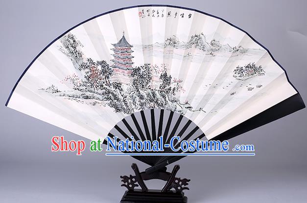 Traditional Chinese Handmade Painting Leifeng Tower Paper Folding Fan China Wood Accordion Fan Oriental Fan