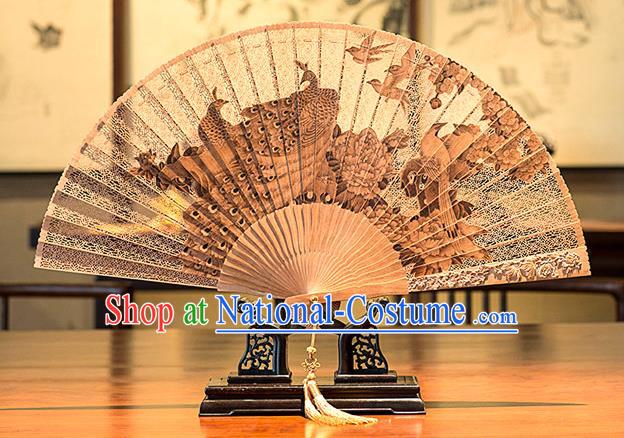 Traditional Chinese Hand Carving Peacock Sandalwood Fan China Accordion Folding Fan Oriental Fan