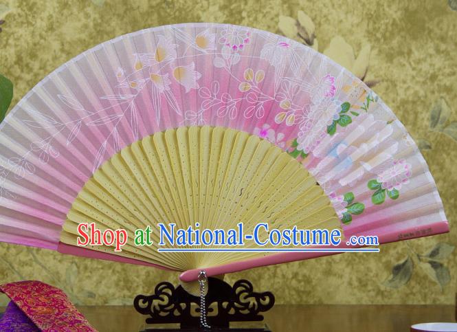 Traditional Chinese Printing Chrysanthemum Pink Silk Fan China Bamboo Accordion Folding Fan Oriental Fan